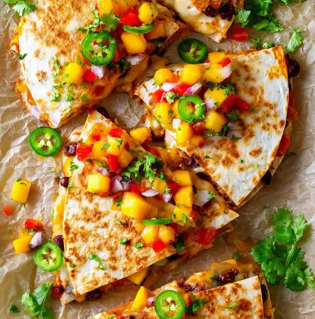 Cheesy Black Bean Quesadillas with Peach Jicama Salsa Recipe - Recipe Image