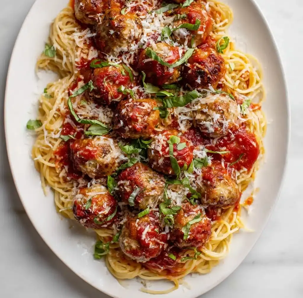 Chicken Parmesan Meatballs with Roasted Garlic Spaghetti Recipe - Recipe Image