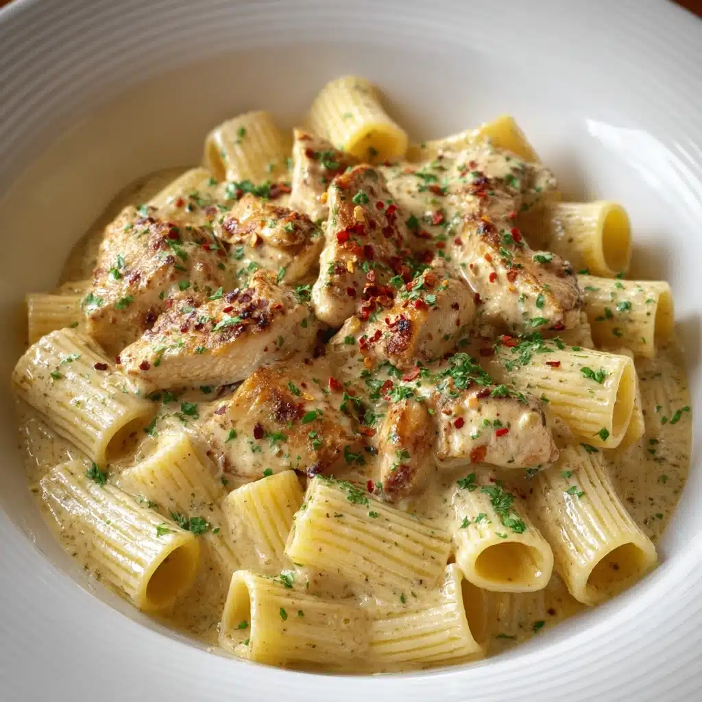 Creamy Garlic Butter Chicken and Rigatoni in Parmesan Sauce Recipe - Recipe Image