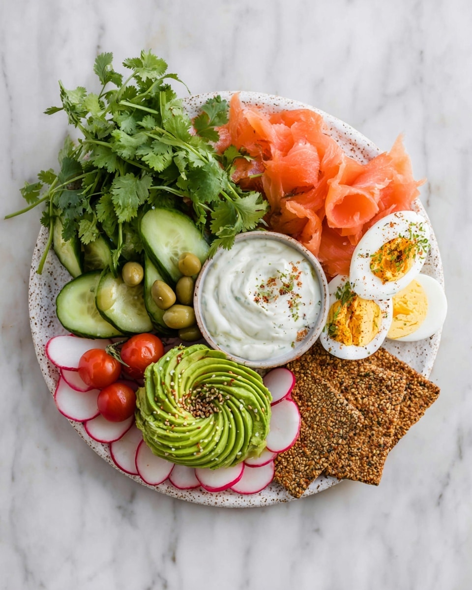 A round white speckled plate holds a colorful and fresh arrangement of food on a white marbled surface. Starting from the top left, there is a bunch of bright green cilantro leaves. Below it, thin coral-pink slices of smoked salmon with a soft, smooth texture gently curve. Next to the salmon, several dark green cucumber slices with a shiny surface are fanned out. Below the cucumbers, a small cluster of shiny red cherry tomatoes on their green vine adds brightness. In the center of the plate, a small round white bowl contains a creamy white dip with a smooth texture. To the right of the bowl, three square, golden-brown seed crackers with a rough texture and visible seeds are stacked neatly. Above the crackers, a beautiful avocado rose in light green with dark green flecks is artfully swirled, sprinkled with sesame seeds and seasoning. Near the top center, two halved hard-boiled eggs with white, firm whites and bright yellow yolks sprinkled with seasoning sit on a bed of sliced round red and white radishes. There are also a few whole green olives placed near the eggs. The whole arrangement is clean, fresh, and vibrant, inviting and well balanced in colors and textures. photo taken with an iphone --ar 4:5 --v 7