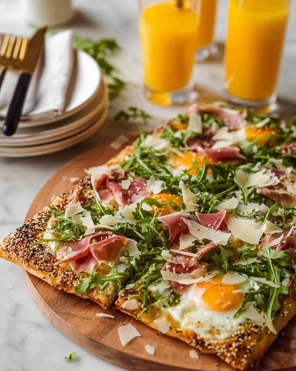 A rectangular pizza with a golden-brown sesame seed crust sits on a round wooden board. The pizza has a thin white base layer, topped with green arugula leaves scattered all over. There are slices of pink prosciutto folded on top, alongside sunny yellow cooked egg yolks and white egg whites. Shavings of light beige cheese are sprinkled across the surface, giving a textured look. In the background, there are two glasses filled with bright orange juice and a small white stack of plates with black and gold cutlery on top, all on a white marbled surface. Photo taken with an iphone --ar 4:5 --v 7