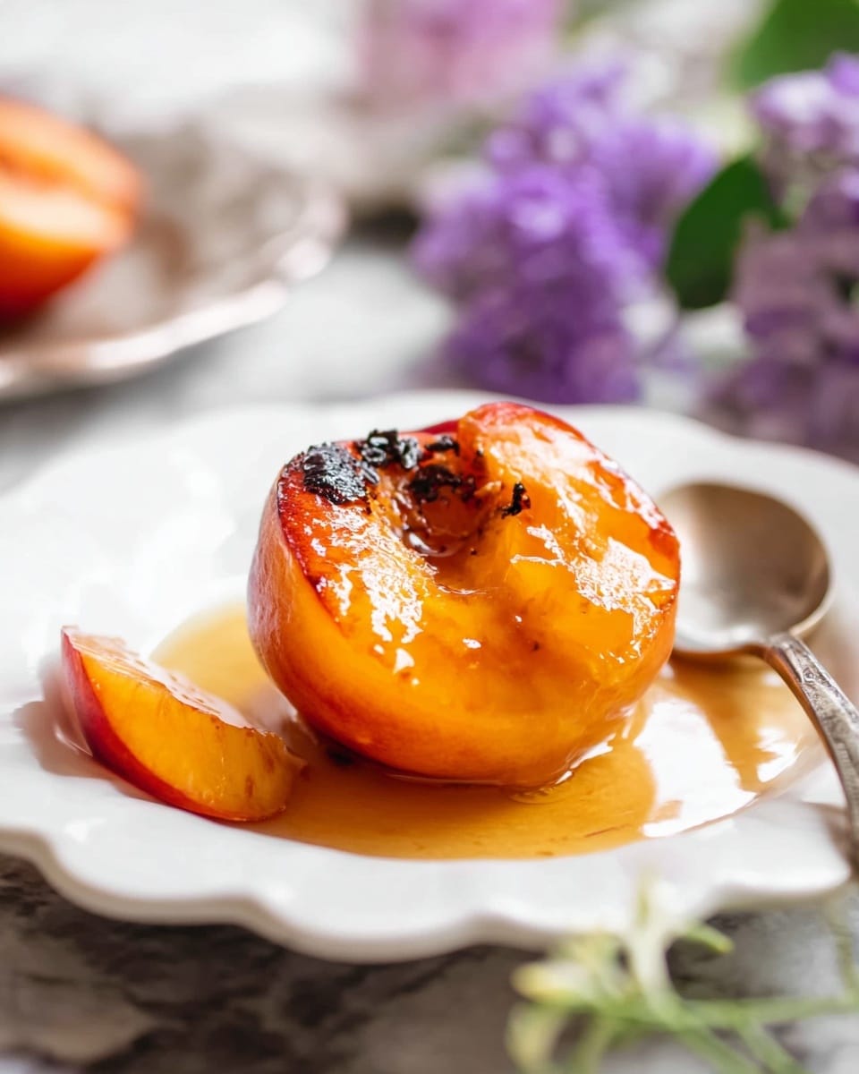 A roasted peach half with a bright orange-red color and charred black spots on top sits in the center of a white scalloped plate. The peach is glistening with syrup that pools slightly around it, adding a shiny texture. Next to the peach is a small peach slice with the same glossy look. The background has blurred purple flowers and a white marbled surface. A silver spoon rests partially on the plate near the peach. photo taken with an iphone --ar 4:5 --v 7