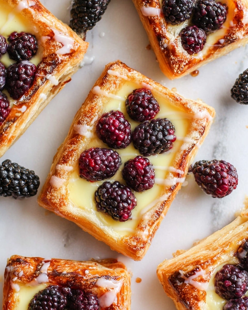 A close-up view of several rectangular pastries on a white marbled surface, each with two main layers. The base layer is a golden-brown, flaky puff pastry with a slightly caramelized edge. On top, there is a creamy, pale yellow custard layer that fills the center of each pastry. Large, glossy blackberries with deep purple and red tones are placed evenly over the custard, adding a fresh, textured appearance. Some blackberries are also scattered around the pastries on the surface. A light white glaze is drizzled in thin lines over the pastries, adding a shiny finish. Photo taken with an iphone --ar 4:5 --v 7