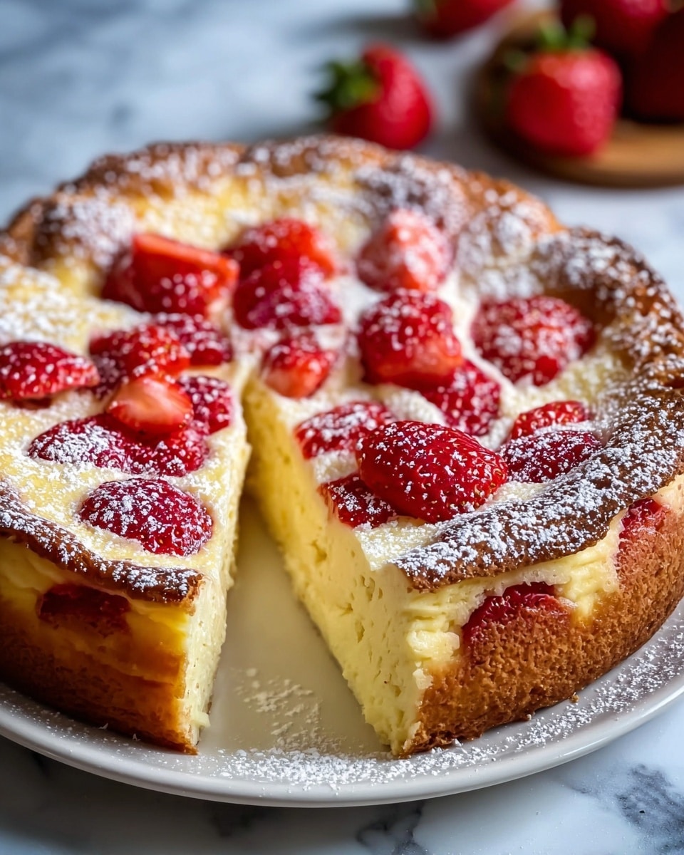 A close-up view of a baked cheesecake on a white plate, placed on a white marbled surface. The cheesecake has a thick, golden-brown crust around the edges with a creamy, pale yellow filling. On top, sliced bright red strawberries are spread out, some partially embedded in the filling. The entire top is dusted with a layer of fine white powdered sugar, giving a light snowy effect. In the blurred background, whole strawberries add a fresh touch. photo taken with an iphone --ar 4:5 --v 7