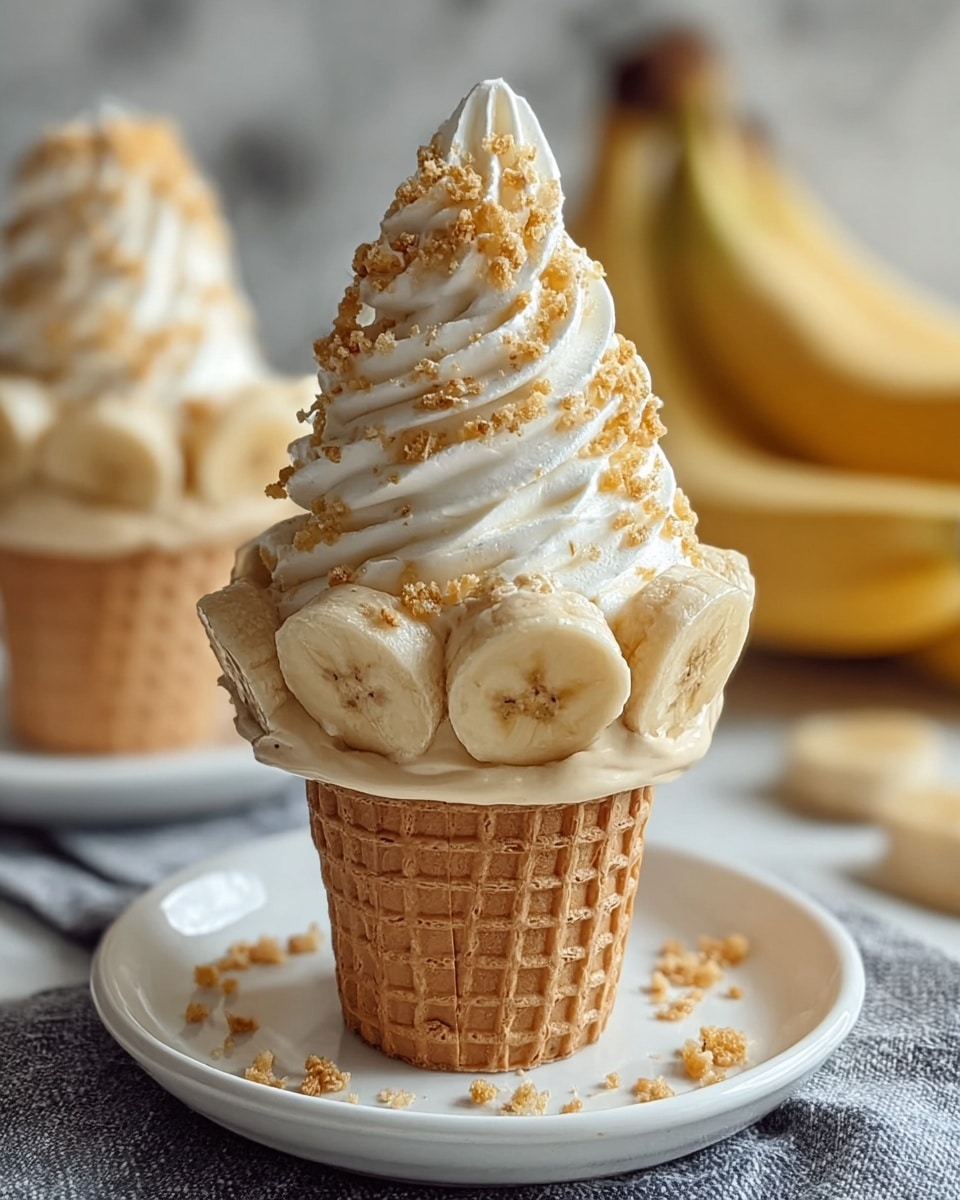 A close-up of a dessert served in a waffle cone placed upright on a white plate, sitting on a white marbled surface. The dessert has three layers: the bottom layer is a creamy beige filling filling the cone top; the middle layer is a row of thick, round banana slices arranged standing around the filling's edge; the top layer is a tall swirl of white whipped cream sprinkled generously with golden crumbles. In the blurred background, another similar dessert and some bananas are visible. photo taken with an iphone --ar 4:5 --v 7