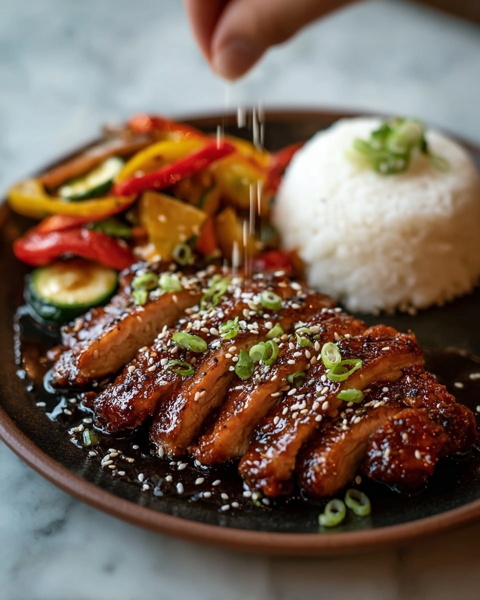 A dark textured plate holds a beautifully arranged meal with three main parts: in the center front are six slices of glazed, golden-brown chicken teriyaki, layered neatly with shiny sauce and sprinkled with small white sesame seeds and chopped green onions; behind the chicken to the right is a neat round mound of white rice with a fluffy texture; to the left is a colorful mix of cooked vegetables including green zucchini, yellow bell pepper, and red bell pepper strips, showing a glossy roasted look. A woman's hand is dropping sesame seeds over the chicken, adding movement to the scene, all set on a white marbled surface. photo taken with an iphone --ar 4:5 --v 7