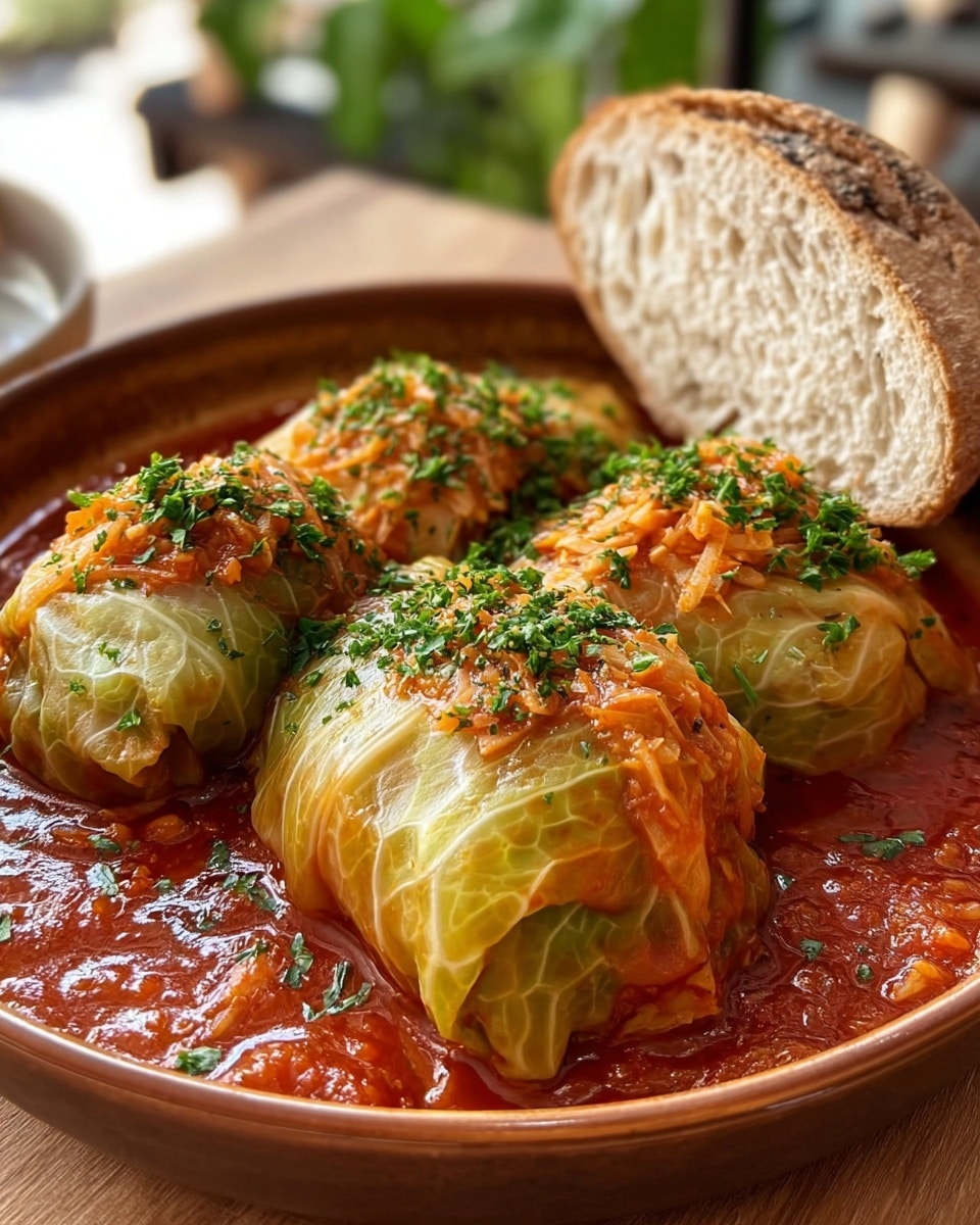A close-up view of four cabbage rolls in a round brown bowl filled with thick red tomato sauce. The cabbage rolls have pale green outer leaves tightly wrapped, topped with a layer of cooked grated orange carrot and sprinkled green herbs. The tomato sauce looks rich, with visible bits of herbs and spices scattered on top. A slice of light brown crusty bread rests inside the bowl, leaning against the cabbage rolls. The background shows a soft blur of indoor setting with bright natural light. photo taken with an iphone --ar 4:5 --v 7