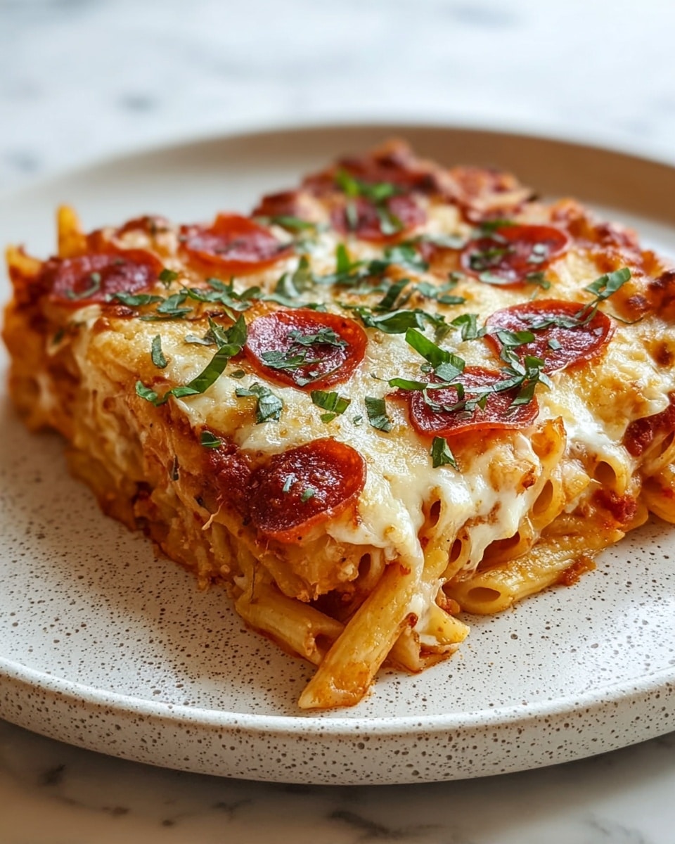 A square piece of baked pasta is shown on a white speckled plate, set on a white marbled surface. The dish has three visible layers of short tubular pasta mixed with a rich red tomato sauce. On top, there is a thick layer of melted golden-brown cheese that stretches slightly off the edge, dotted with thin, crisp slices of pepperoni and scattered small green basil leaves. The cheese layer looks bubbly and perfectly browned, with herbs sprinkled over it, creating a fresh and appetizing look. photo taken with an iphone --ar 4:5 --v 7