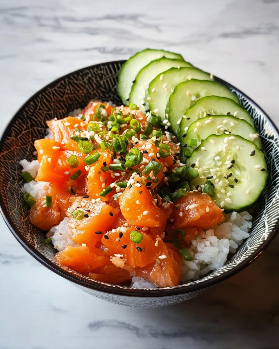 A bowl with three main layers: the bottom layer is white rice with a fluffy texture, the middle layer is fresh orange salmon chunks spread evenly across the rice, and the top layer includes thin, light green cucumber slices arranged neatly on one side, sprinkled with black and white sesame seeds and small green chopped scallions scattered over the salmon pieces. The bowl is white with a dark outer pattern, placed on a white marbled surface. photo taken with an iphone --ar 4:5 --v 7