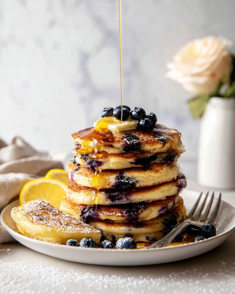 A stack of six thick blueberry pancakes with a golden-brown outside and visible blueberries inside, set on a white plate. On top of the stack is a pat of melting butter and a small cluster of fresh blueberries, with amber syrup being poured over them, cascading down the sides. Beside the stack on the plate are lemon slices, more fresh blueberries, and a single separated pancake with powdered sugar sprinkled on it. A metal fork rests on the plate near the separated pancake. The scene is set against a white marbled texture with a pale pink rose in the blurred background. photo taken with an iphone --ar 4:5 --v 7