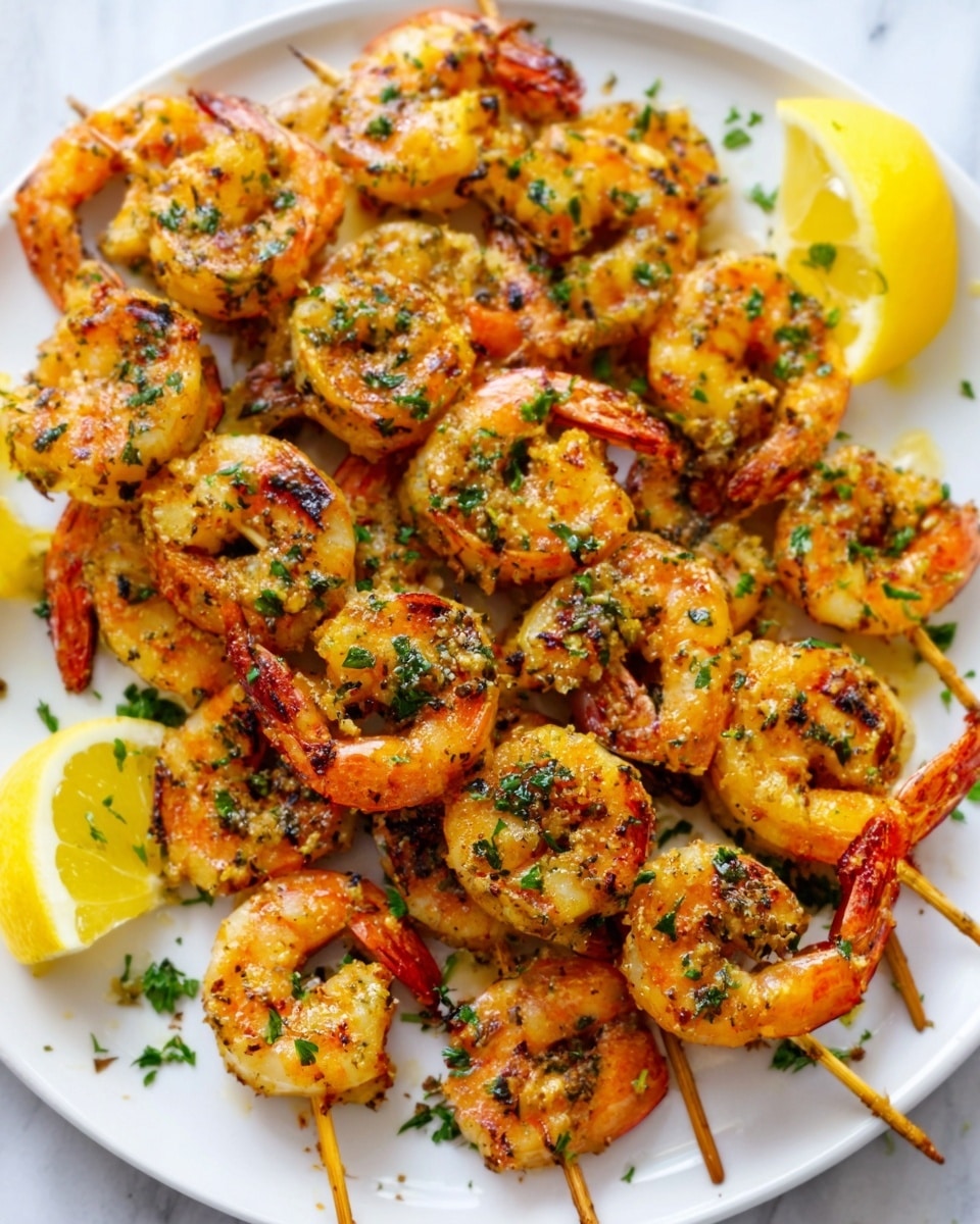 A white plate full of grilled shrimp skewers arranged in two layers, where the shrimp are golden orange with grill marks and a slight char. The shrimp are seasoned with green herbs sprinkled on top, and there are bright yellow lemon wedges placed on the right and left side of the plate. The shrimp have a glossy texture showing they are juicy and well cooked. The whole scene is set on a white marbled surface. Photo taken with an iphone --ar 4:5 --v 7
