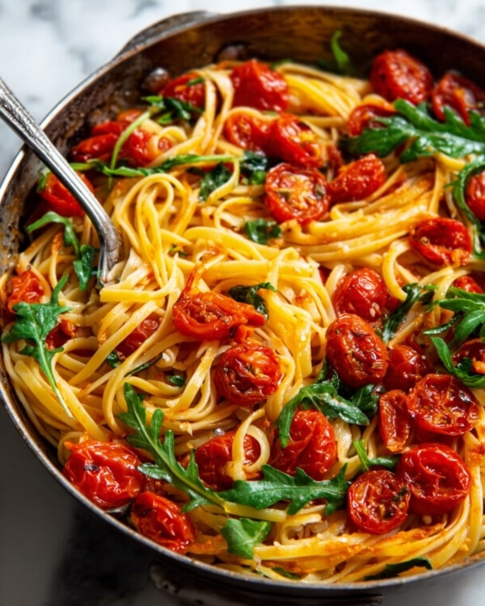 A close-up image of a skillet filled with cooked pasta, showing about three layers: at the base is a mix of yellowish-orange spaghetti noodles, lightly coated with oil; the middle layer has juicy, roasted cherry tomatoes in bright red, some burst open; the top layer is scattered with fresh green arugula leaves, adding a fresh touch. A silver fork is placed inside the skillet, partially inserted in the pasta. The skillet sits on a white marbled surface. Photo taken with an iphone --ar 4:5 --v 7