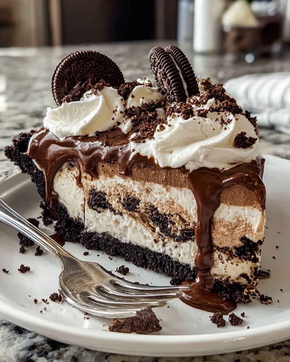 A close-up of a slice of layered pie on a white plate with a silver fork. The pie has four visible layers: a dark crumbly chocolate crust at the bottom, thick creamy white filling with bits of chocolate cookie inside, a thin layer of chocolate crumbs, and another thick creamy white filling on top. The top is covered with dripping smooth chocolate sauce, large dollops of whipped cream, and Oreo cookies standing upright and lying on the whipped cream. There are small chocolate crumbs scattered on the plate and a bit of chocolate sauce dripping down the side. The background shows a kitchen setting with a white marbled texture surface. photo taken with an iphone --ar 4:5 --v 7
