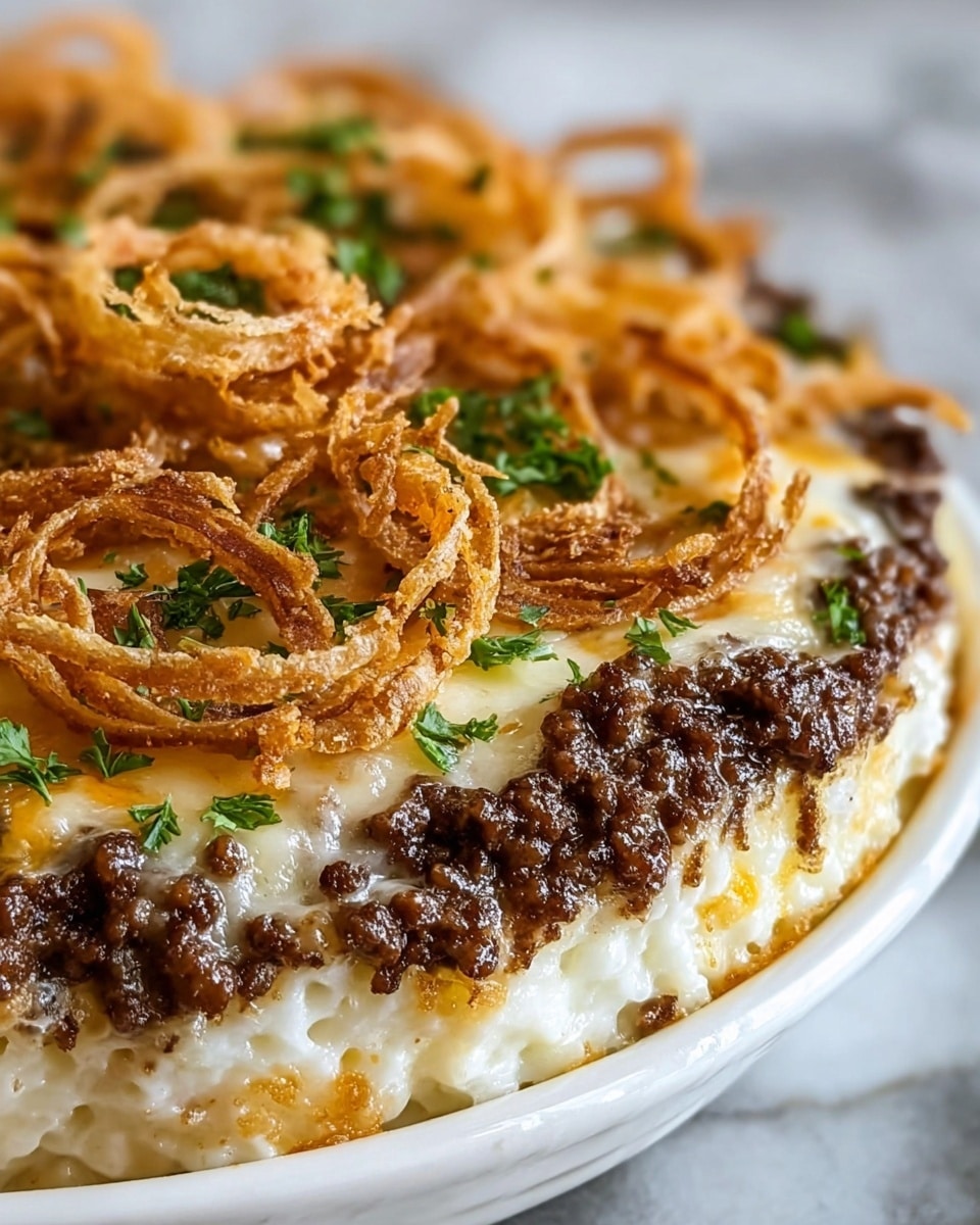 A close-up image of a layered dish in a white ceramic dish shows a base layer of creamy, white texture mixed with golden browned bits, topped with a thick layer of cooked ground beef, dark brown and slightly crumbly in texture. Above that is another layer of melted cheese, creamy and white, covering the beef layer. The top layer consists of thin, crispy fried onion rings, golden brown and slightly curled, scattered unevenly with small bits of fresh green parsley adding a pop of color. The dish appears rich and hearty, placed on a white marbled surface. photo taken with an iphone --ar 4:5 --v 7