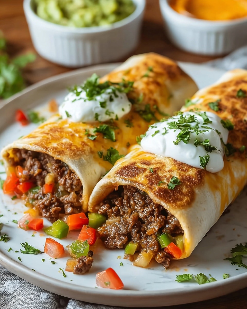 Two burritos laid side by side on a white plate, each wrapped in a toasted golden-brown tortilla. The burritos are cut open at one end, showing three layers inside: the first layer is cooked ground beef in dark brown, the second layer has diced green and red bell peppers, and the third layer at the very edge reveals some melted cheese in light yellow. On top of the closest burrito, there is a dollop of white sour cream, sprinkled with chopped green cilantro leaves. More small bits of diced red and green vegetables and cilantro are scattered around the plate. In the background, there is a small white bowl with green guacamole and another bowl with orange sauce, all placed on a white marbled surface. photo taken with an iphone --ar 4:5 --v 7