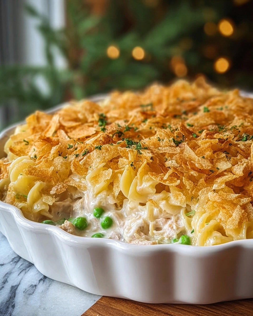 A close-up view of a baked casserole in a white ceramic dish with scalloped edges shows three clear layers: the bottom layer is creamy and white with visible small chunks of light-colored meat and bright green peas scattered throughout, the middle layer consists of curly pasta coated in a cheesy white sauce, and the top layer is a golden-brown crunchy topping made of thin, crisp flakes with small bits of green herbs sprinkled on top; the dish is set on a wooden surface with a softly blurred background featuring greenery, all against a white marbled texture. photo taken with an iphone --ar 4:5 --v 7