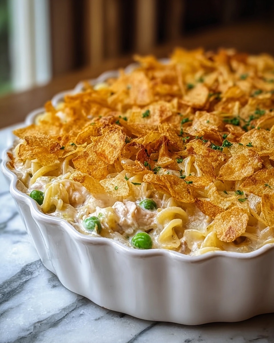 A creamy casserole sits in a white ceramic dish with scalloped edges, filled with three visible layers: at the bottom, tender curly pasta wrapped in thick white sauce mixed with small pieces of light brown cooked chicken and bright green peas scattered throughout; the top layer is covered with a crunchy golden layer of crispy potato chips, some garnished with small bits of green herbs. The white marbled surface beneath the dish adds a clean contrast to the warm and textured casserole. photo taken with an iphone --ar 4:5 --v 7