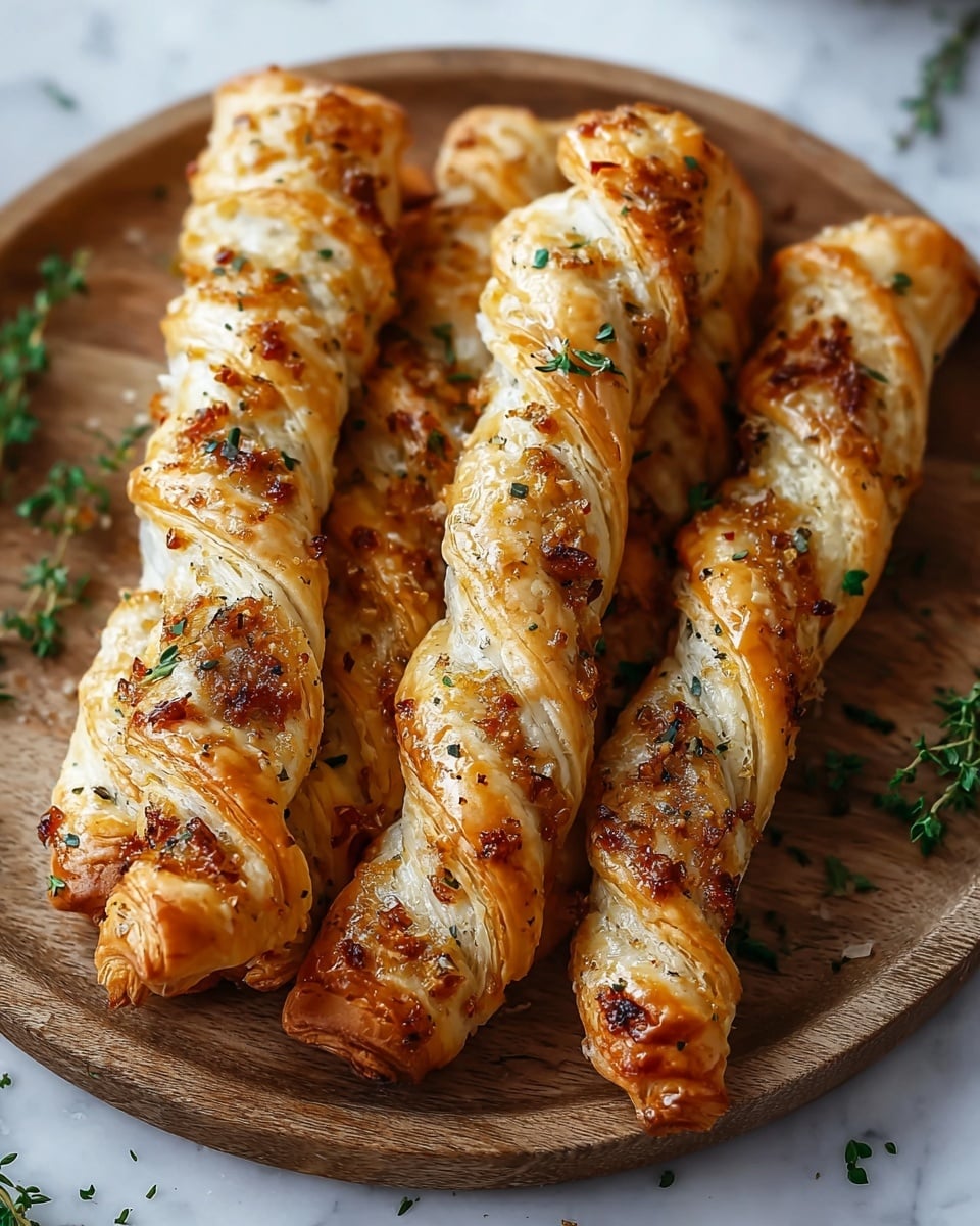 Four twisted, golden-brown pastry sticks lie side by side on a round white plate with a wood texture visible beneath. Each pastry shows multiple flaky layers with a shiny, crispy surface, topped with small bits of browned garlic and herbs scattered evenly across. The tips of the twisted pastries are slightly more browned and crispier, adding texture contrast. The plate is set on a white marbled surface, creating a clean and bright setting. Small green herb sprigs are sprinkled lightly over and around the pastries for a fresh touch. Photo taken with an iphone --ar 4:5 --v 7