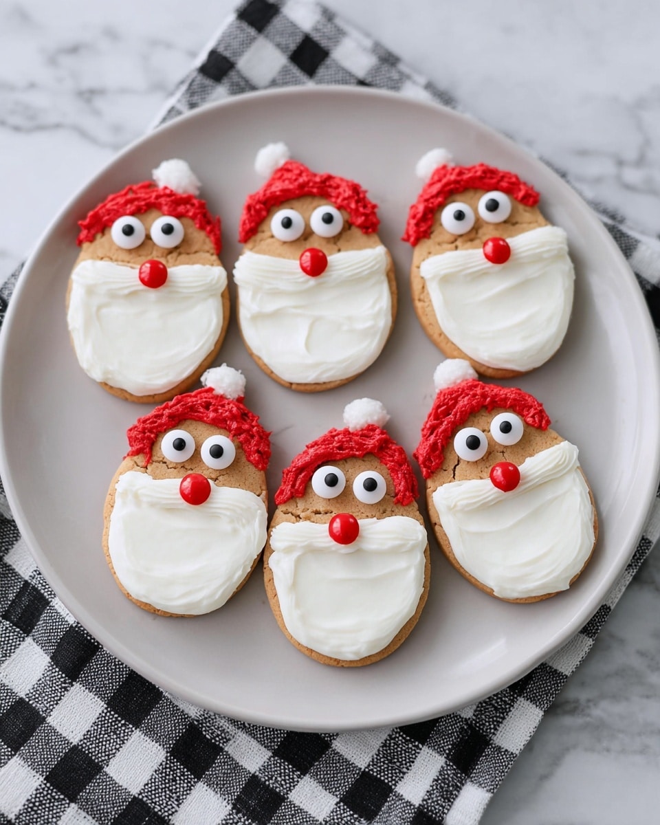 A round white plate holds six peanut butter cookies shaped like Santa faces. Each cookie has three layers: the top part is decorated with rough red frosting shaped like a Santa hat with a small white candy dot on the tip, the middle section shows the cookie color with two white candy eyes that have black dots, and the bottom half is covered with smooth white frosting forming a beard. At the center of the white frosting beard on each cookie, there is a shiny red candy representing the nose. The plate is placed on a black and white checkered cloth on a white marbled surface. photo taken with an iphone --ar 4:5 --v 7