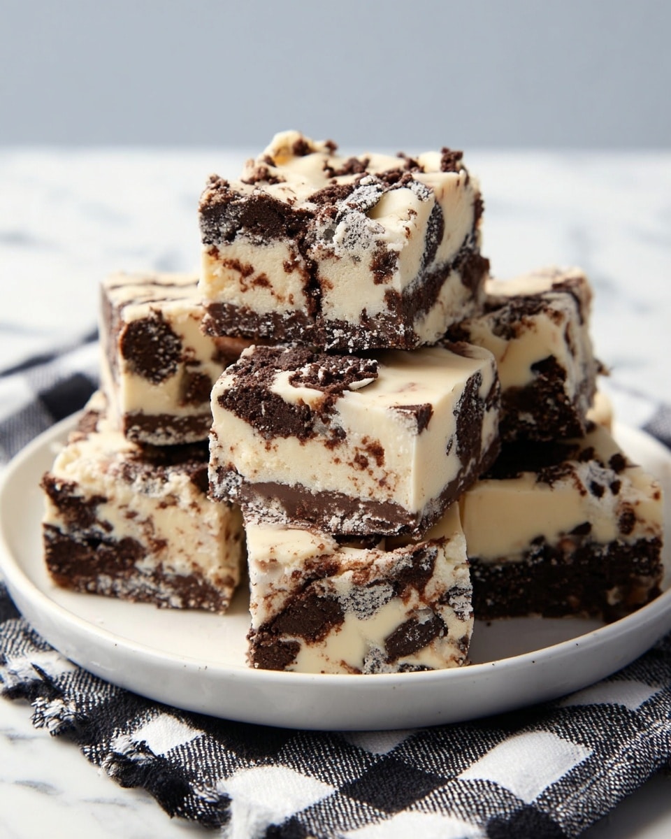 A stack of six irregular square pieces of dessert with two main layers sits on a white plate, which rests on a black-and-white checkered cloth over a white marbled surface. The bottom layer is creamy white with a smooth, glossy texture mixed with small bits of dark cookie, while the top layer is a crumbly dark brown cookie pieced together with the white creamy layer, creating a marbled look. The pieces are unevenly cut, giving a homemade feel, and the top pieces show a close-up of the soft creamy inside with cookie chunks embedded. Photo taken with an iphone --ar 4:5 --v 7