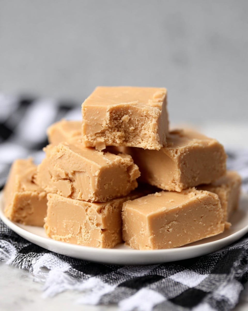 A white plate holds a stack of seven square pieces of light tan fudge with a crumbly texture. Each piece has slightly rough edges and small cracks on the surface, showing a dense, creamy interior. The fudge pieces are unevenly piled, with some leaning on others. The plate sits on a black and white checkered cloth over a white marbled surface. The background is softly blurred with a cool, light grey tone, making the fudge the main focus. Photo taken with an iphone --ar 4:5 --v 7
