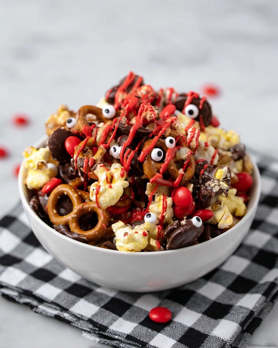 A white bowl is filled with three main layers: at the bottom, dark brown pretzels coated in melted chocolate, in the middle, some bright red candy-coated chocolates mixed in, and on top, light yellow popcorn pieces all drizzled with both smooth dark chocolate and bright red icing. Scattered around the bowl are small white candy eyes adding a fun touch. The bowl sits on a black and white checkered cloth against a white marbled texture background. photo taken with an iphone --ar 4:5 --v 7