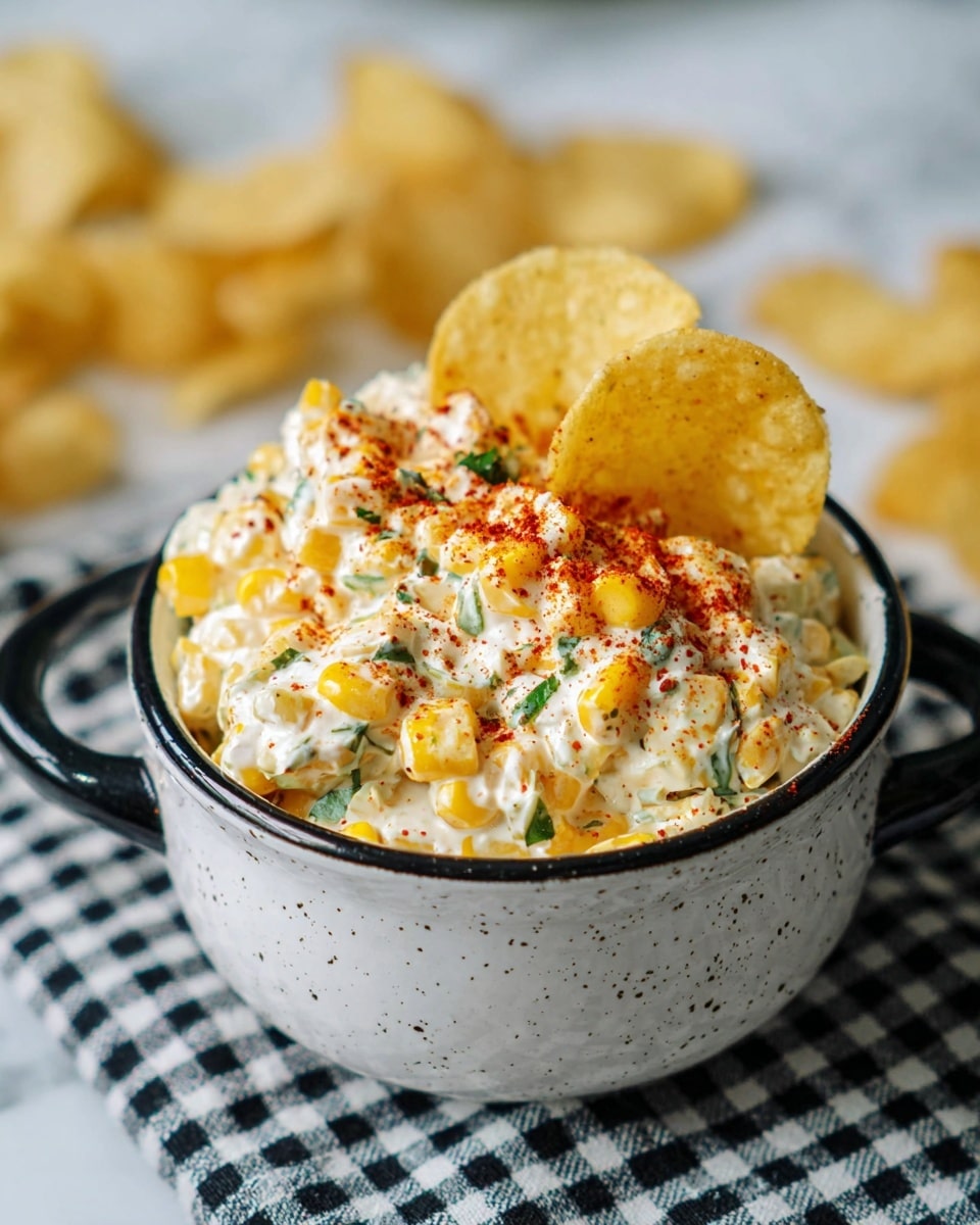 A small white speckled bowl with black handles is filled with creamy corn salad made of yellow corn kernels mixed with white creamy dressing and green chopped herbs. The top is sprinkled with red chili powder and two round light yellow potato chips are placed vertically inside the bowl. The bowl sits on a black and white checkered cloth over a white marbled surface with more potato chips blurry in the background. Photo taken with an iphone --ar 4:5 --v 7