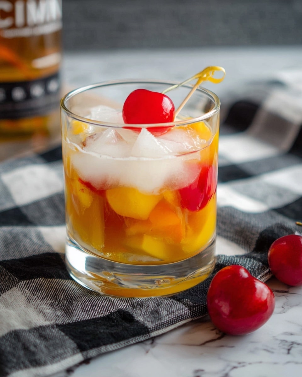 A clear short glass filled with three clear ice cubes and visible layers of yellow peach slices and red cherries inside the drink, with a red cherry on top of the ice cubes and a small yellow plastic pick stuck in the glass. The glass is placed on a black and white checkered cloth over a white marbled surface, with two cherries lying beside the glass and a blurred bottle in the background. photo taken with an iphone --ar 4:5 --v 7