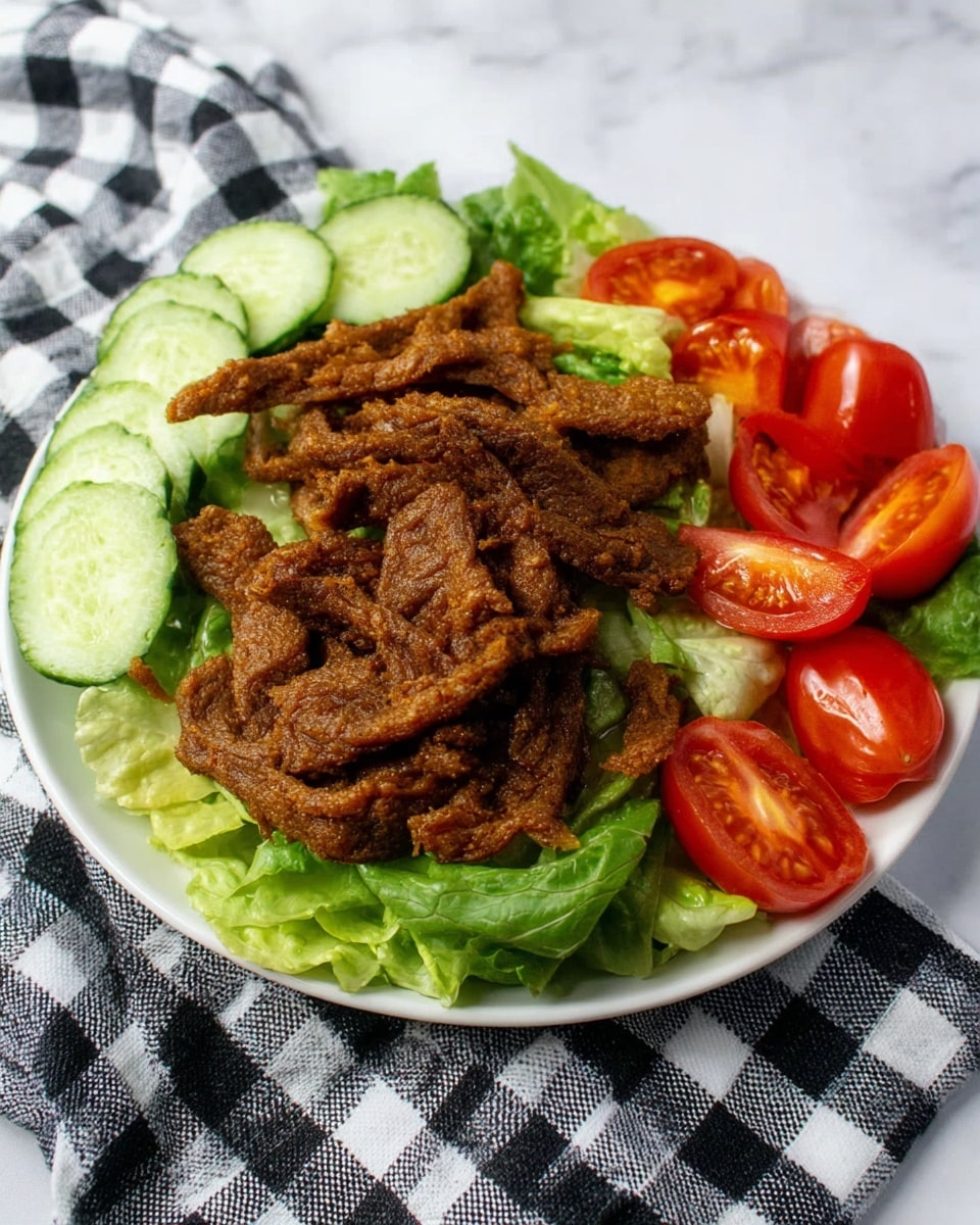 A white round plate with a bed of green lettuce leaves as the base layer, topped with several brown, crispy fried strips of meat arranged loosely in the center. On the left side of the plate are three slices of fresh light green cucumber, while the right side holds a cluster of shiny, bright red grape tomatoes. The plate sits on a white marbled surface with a black and white checkered cloth partially visible underneath. photo taken with an iphone --ar 4:5 --v 7