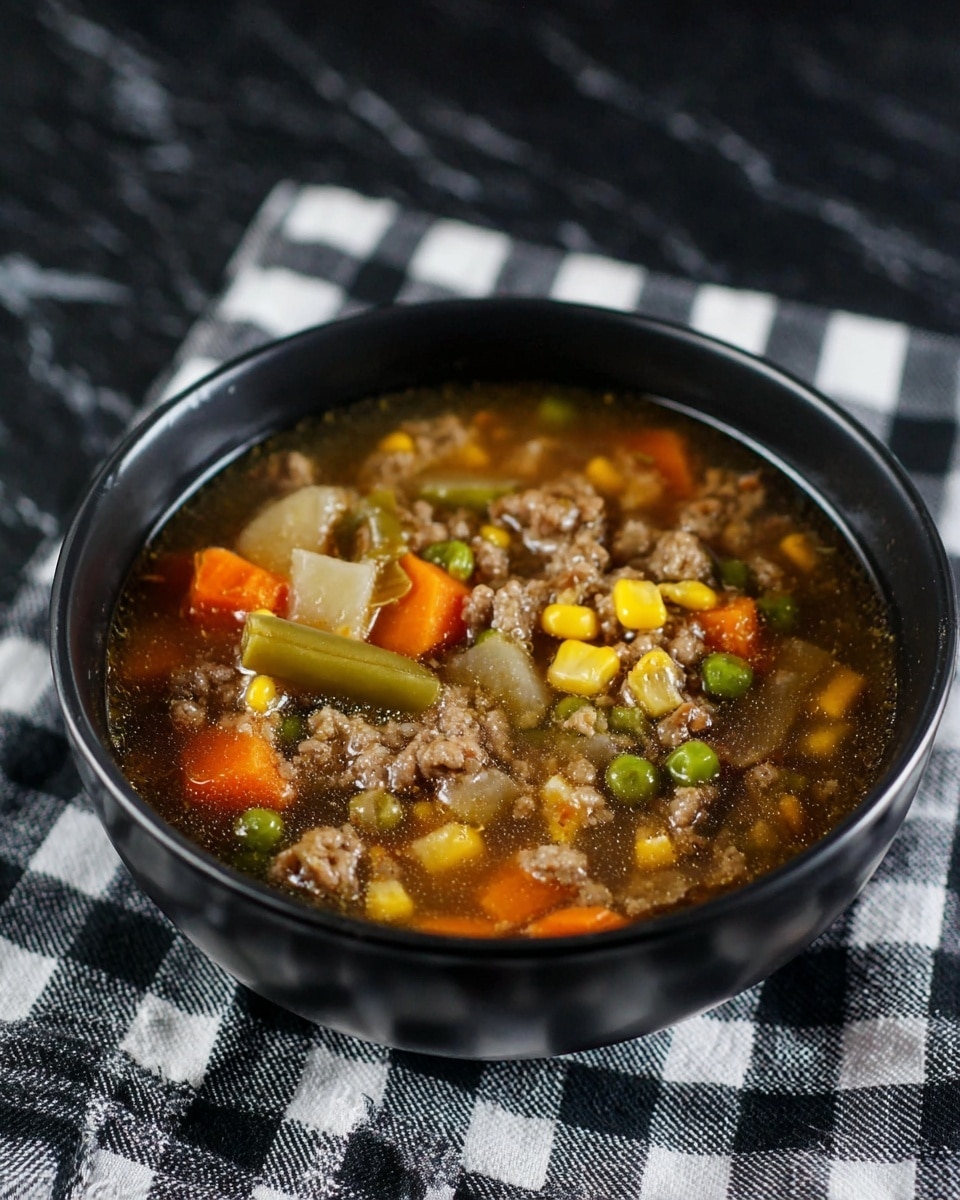 A black bowl filled with a clear broth soup containing many small pieces of food. The soup layers include visible green peas, yellow corn kernels, orange carrot cubes, brown ground meat clumps, translucent onion slices, a slice of green bean, and small pieces of green vegetables. The bowl sits on a black and white checkered cloth over a white marbled surface, with a dark background. The soup looks warm and hearty with a mix of colors and textures evenly spread throughout. Photo taken with an iphone --ar 4:5 --v 7