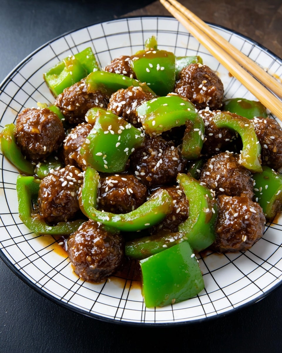 A white plate with a black grid pattern holds a dish of glossy brown meatballs coated in sauce, mixed with bright green bell pepper pieces. The meatballs are round and shiny, sprinkled evenly with white sesame seeds. The green peppers are cut into thick, curved chunks and are glistening with sauce. The dish is placed on a dark surface, and a pair of wooden chopsticks rests next to the plate. photo taken with an iphone --ar 4:5 --v 7