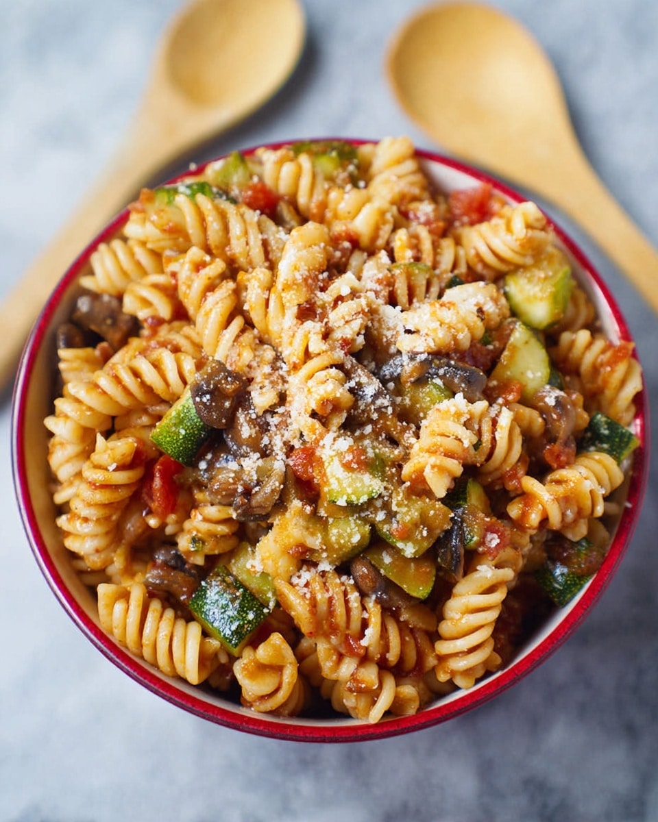 A close-up of a red and white bowl filled with tri-color rotini pasta tossed in a mixture of small green, red, and brown vegetable pieces, likely including zucchini and mushrooms, with a light coating of tomato sauce. The pasta is topped with a sprinkling of finely grated cheese that looks like Parmesan. The bowl is placed on a white marbled surface with two light wood textured spoons next to it. Photo taken with an iphone --ar 4:5 --v 7