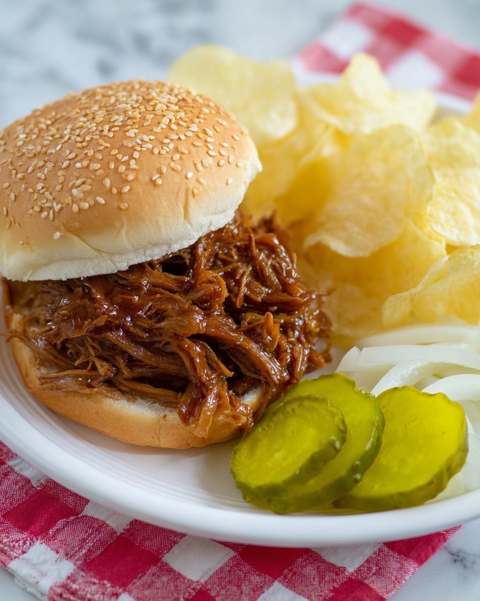A white plate holds a sandwich with a sesame seed bun, the bottom layer showing soft bread topped with a generous pile of shredded, saucy brown meat that looks tender and juicy. Next to the sandwich, there are crisp, thin, pale yellow potato chips, a few bright green ridged pickle slices, and a small stack of raw, white onion rings placed near the edge of the plate. The plate is set on a red and white checkered tablecloth, and the scene is bright and clear. photo taken with an iphone --ar 4:5 --v 7