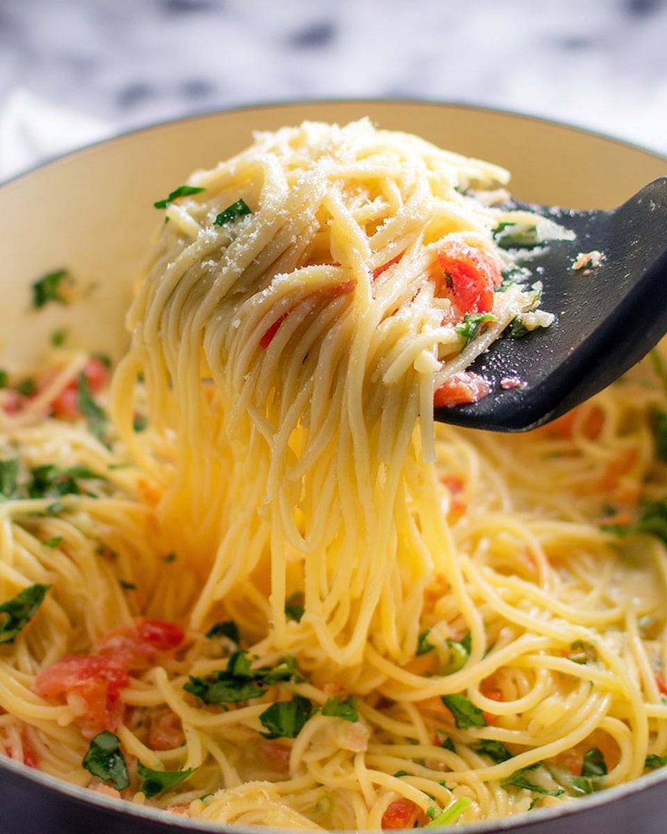 The image shows a close-up of spaghetti pasta being lifted by a black spatula over a white pot. The pasta strands are light yellow and look soft and glossy. Mixed in with the pasta are small pieces of red tomato and green leafy herbs, adding color and texture throughout. The sauce appears light and creamy, coating the pasta lightly. The background is a white marbled texture. photo taken with an iphone --ar 4:5 --v 7