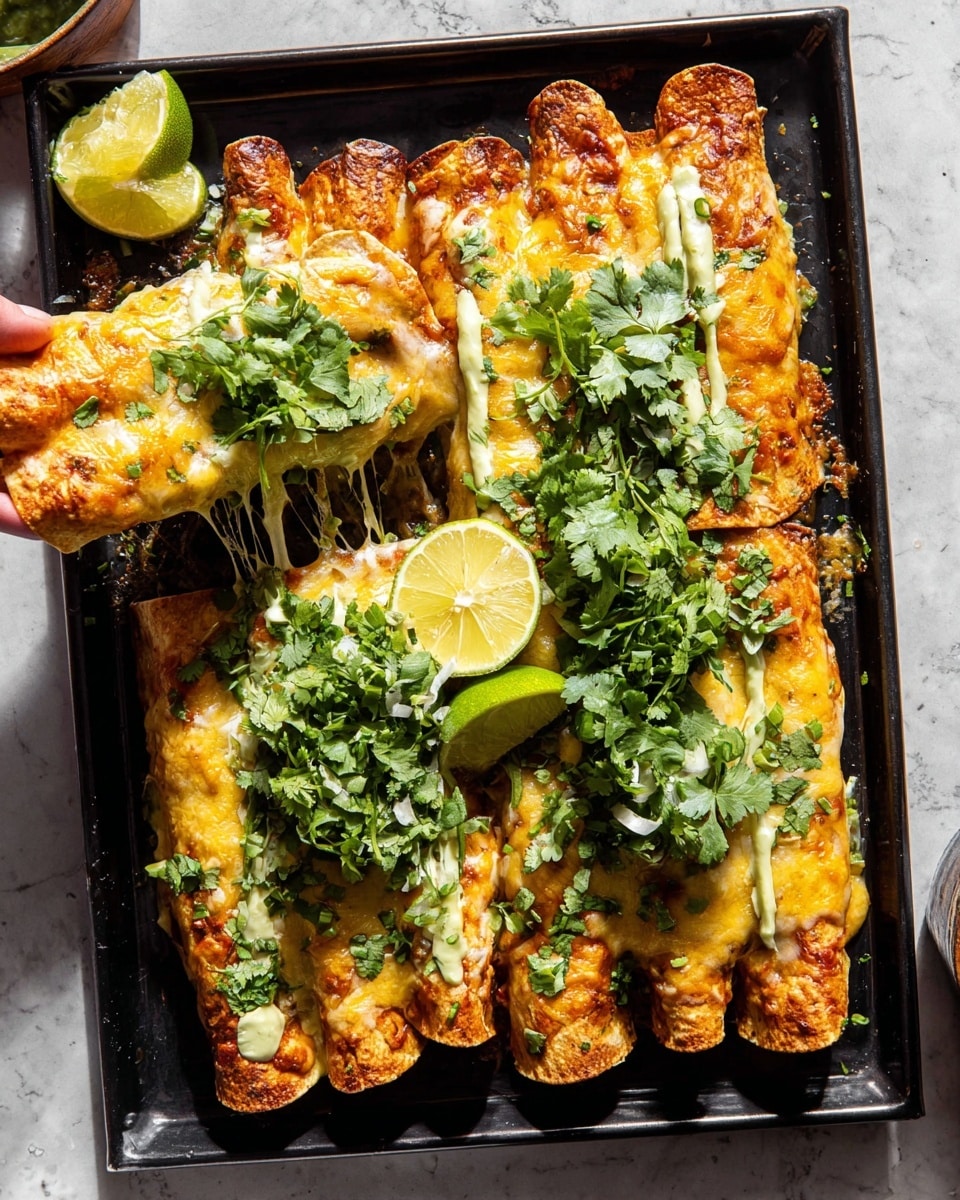 A black baking tray holds two rows of rolled enchiladas covered with melted golden yellow and light brown cheese that appears bubbly and slightly crispy at the edges. Bright green fresh cilantro leaves and thinly sliced scallions are spread thickly across the top of the enchiladas. There is a drizzle of a light green sauce on some parts of the meat. Two lime halves, squeezed and showing their inside texture, are placed on the tray, one near the top row and one near the bottom. To the left, a woman's hand lifts one enchilada, revealing stretchy melted cheese between it and the tray. The background is a white marbled texture. Photo taken with an iphone --ar 4:5 --v 7