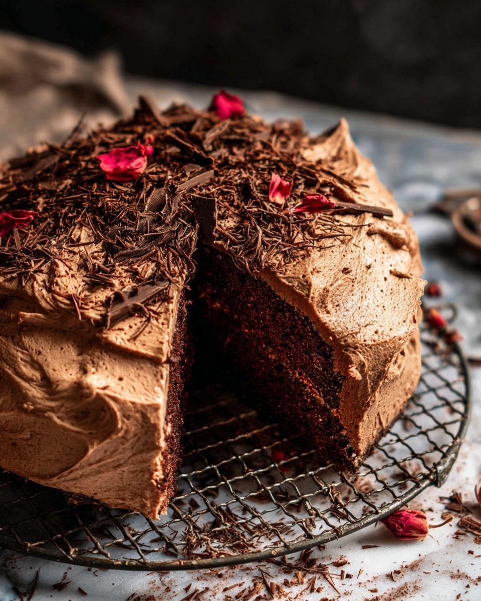 A round chocolate cake with one thick slice cut out shows a smooth, creamy top layer of light brown chocolate frosting decorated with dark chocolate shavings scattered across, along with a few red dried flower petals, adding a pop of color. The dense, rich chocolate frosting is swirled with visible textured peaks on the top surface, while the rich chocolate cake base can be seen in the sliced portion below. The cake rests on a metal wire rack over a dark baking tray, all placed on a white marbled texture surface. Photo taken with an iphone --ar 4:5 --v 7