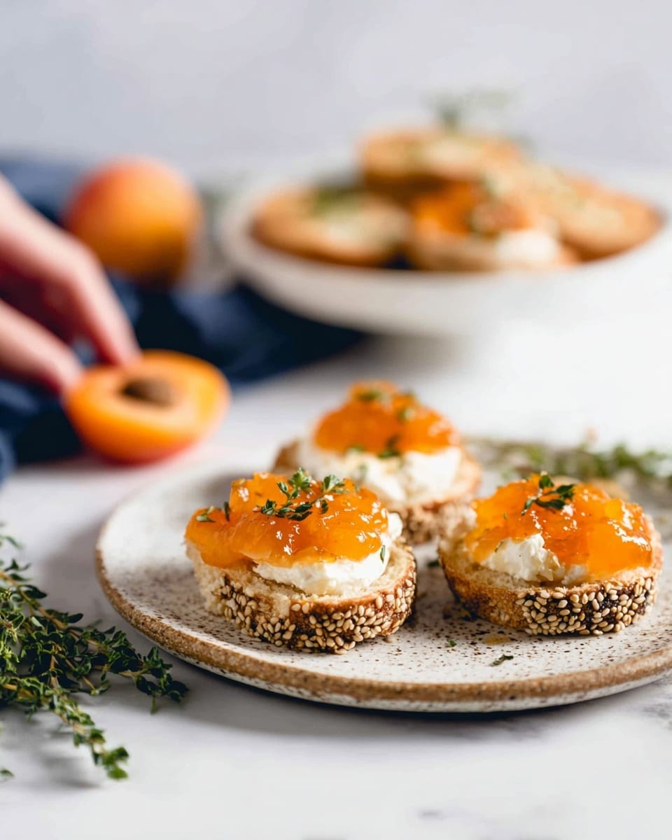 The image shows three small round pieces of bread covered with sesame seeds on the edges, placed on a speckled white plate on a white marbled surface. Each bread piece has two layers: a creamy white cheese layer topped with a bright orange apricot jam layer that looks chunky and glossy, garnished with small green herbs. In the background, there is another larger white plate with more of the same bread snacks, and a halved fresh apricot and some sprigs of fresh green herbs are placed on the surface. A woman's hand is reaching towards the food from the left side of the frame. The scene is softly lit with a focus on the front plate of snacks, giving a fresh and inviting feel. photo taken with an iphone --ar 4:5 --v 7