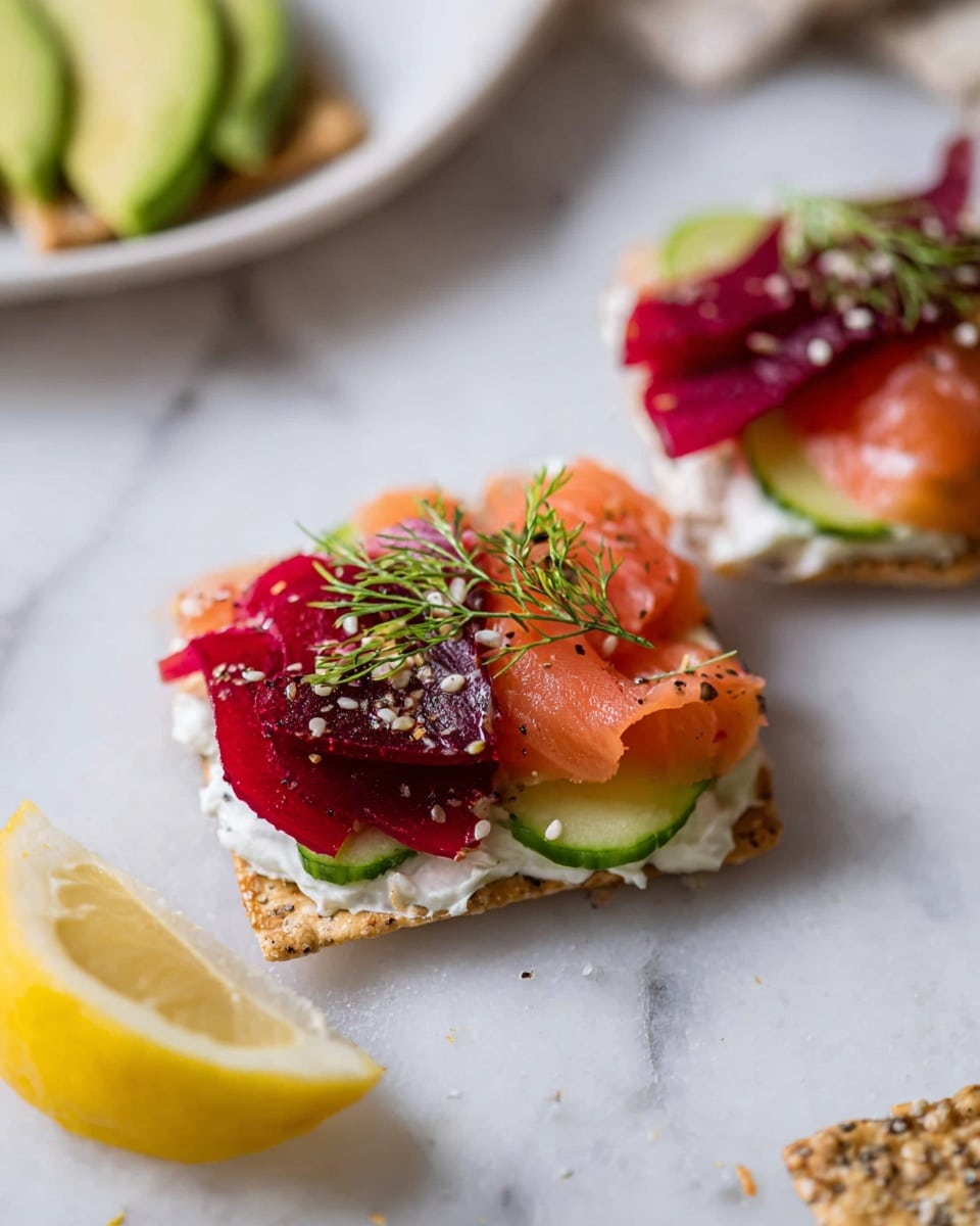 Two pieces of crispy cracker topped with five layers are placed on a white marbled surface. The bottom layer is white cream cheese spread covering the cracker, followed by thin green cucumber slices. On top, there are deep red beet pieces and light orange smoked salmon curls. The last layer is a small sprig of fresh green dill and a sprinkle of white sesame seeds and black pepper. To the side of the closest cracker, there is a quarter slice of bright yellow lemon. In the background, there is a white plate with sliced avocado and a partial view of another cracker with similar toppings. Photo taken with an iphone --ar 4:5 --v 7