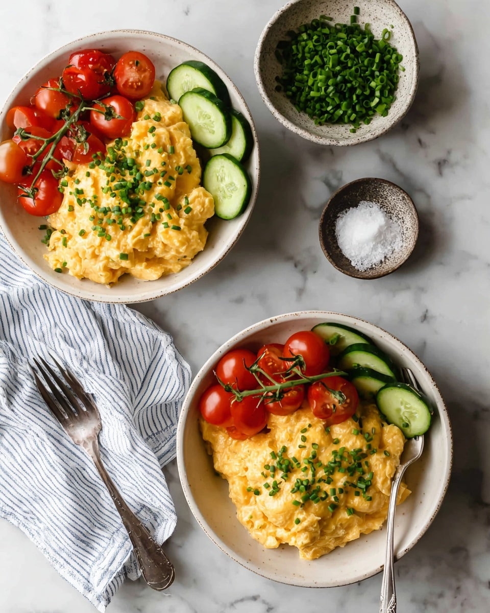 The image shows two white bowls filled with creamy scrambled eggs that have a soft, slightly lumpy texture and a pale yellow-orange color, each topped with small pieces of green chopped chives. Around the scrambled eggs in each bowl, there are fresh cherry tomatoes still on the vine with a bright red color, and several slices of cucumber with a dark green skin and light green interior arranged neatly. Next to the bowls, there are two small dishes: one containing more chopped green chives and the other filled with coarse white salt. A silver fork rests on a white and blue striped cloth napkin on a white marbled surface. Photo taken with an iphone --ar 4:5 --v 7