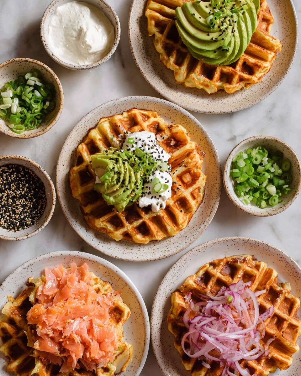 The image shows four white speckled plates each holding one golden brown waffle with a crispy texture. The top left waffle is topped with a layer of white cream and slices of green avocado fanned out nicely, sprinkled with black and white seeds. The center waffle has a dollop of white cream with a generous amount of chopped green onions on top. The bottom left waffle has some shredded pink salmon and thin slices of purple onion layered on it. Around these plates are small bowls: one with chopped green onions, one with sliced avocado, one with white cream, and two smaller bowls with a mix of black and white seeds. The dishes and bowls are placed on a white marbled surface with a soft natural light, creating a fresh and appetizing look. Photo taken with an iphone --ar 4:5 --v 7