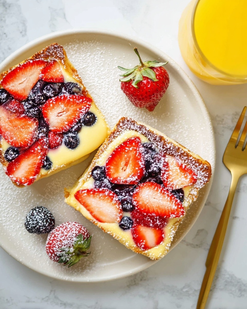 Two square-shaped golden brown pastries sit on a white plate with a light dusting of powdered sugar around the edges. Each pastry has a creamy, pale yellow custard layer topped with bright red sliced strawberries and dark blueberries, some berries dusted with powdered sugar. Near the plate, there is a golden fork and a glass of orange juice at the top right. The whole scene is set on a white marbled surface. photo taken with an iphone --ar 4:5 --v 7
