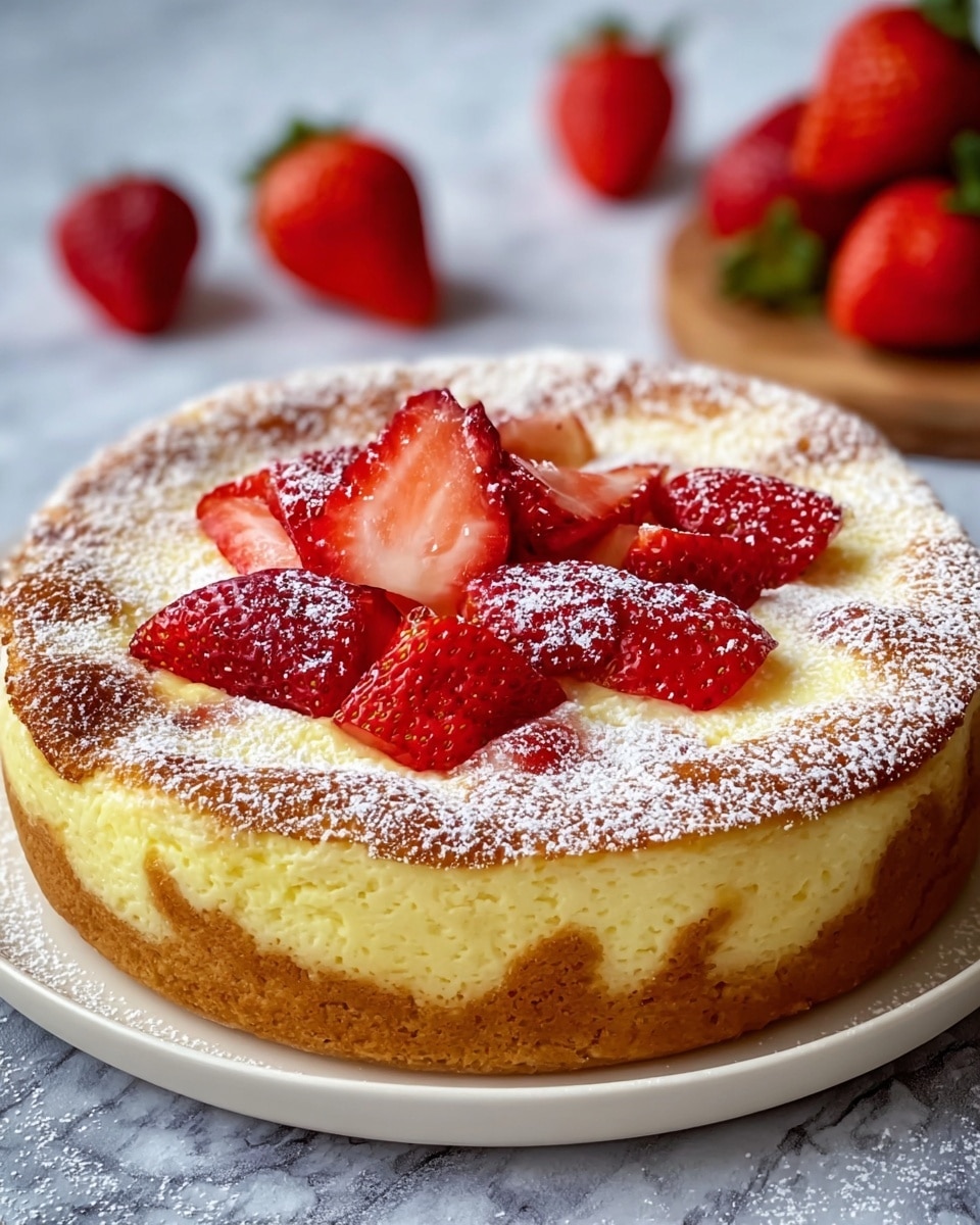 A round dessert with one thick golden-brown crust layer at the bottom and edges, topped with a soft, light yellow creamy layer that looks smooth and slightly uneven. On top of this creamy layer, there are several sliced strawberries placed unevenly, some whole and some in halves, bright red with a juicy texture. The entire dessert is dusted with a fine layer of white powdered sugar, adding a delicate snowy effect. It is placed on a simple white plate, set on a white marbled textured surface, with several whole strawberries blurred in the background. Photo taken with an iphone --ar 4:5 --v 7