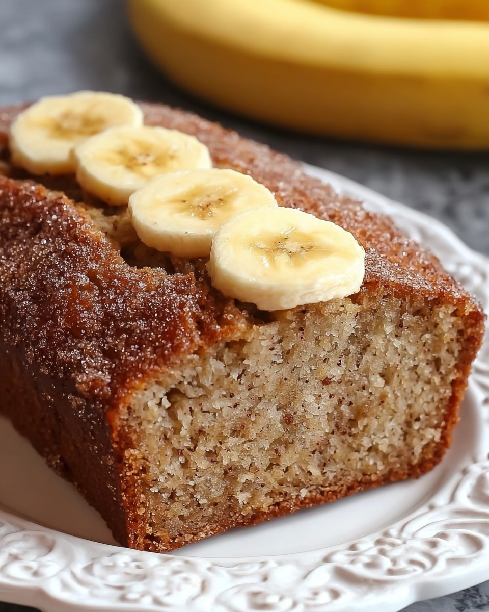The image shows a close-up of a single slice of banana bread resting on a white ornate plate with detailed edges. The bread has a moist, light brown inside with small dark specks throughout, indicating cinnamon or spices mixed in. The top crust is dark brown, rough, and sugar-crusted, with a slightly crunchy texture. Three banana slices are placed on top of the bread in a row, their pale yellow color contrasting with the darker crust. In the background, a whole banana is visible, adding context to the dish. The surface beneath the plate is a clean white marbled texture. photo taken with an iphone --ar 4:5 --v 7