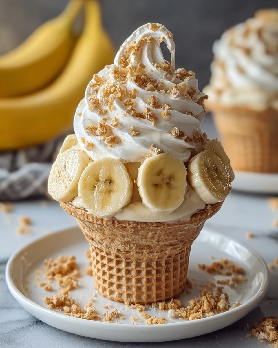 The image shows a waffle cone cup filled with creamy light beige ice cream. Four thick banana slices are arranged in a circle on top of the ice cream near the cone's edge. Above the bananas, there is a large swirl of white whipped cream, generously sprinkled with light brown crumbly bits. The cone sits on a white plate with scattered crumbs around it, all placed on a white marbled surface. In the background, a bunch of bananas and another similar dessert can be slightly seen out of focus. Photo taken with an iphone --ar 4:5 --v 7