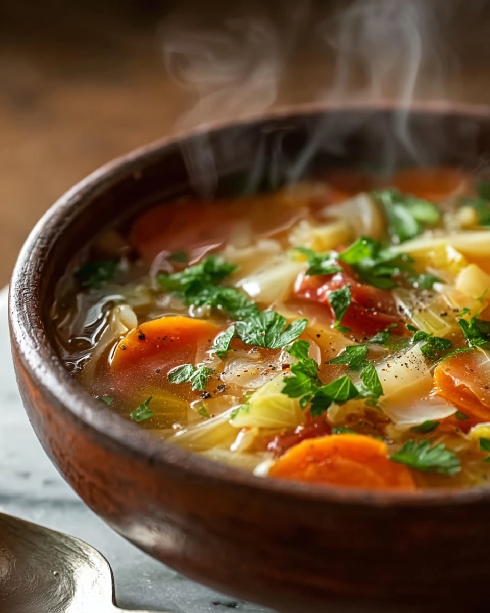 A close-up view of a steaming bowl of vegetable soup in a rustic brown ceramic bowl placed on a white marbled surface. The soup has visible layers of ingredients including orange carrot slices, light yellow cabbage pieces, and small chunks of tomato immersed in a clear broth. Fresh green parsley leaves are scattered on top, adding a bright contrast to the warm colors of the soup. Tiny black pepper specks are sprinkled over the vegetables. To the side, a silver spoon lies on the white marbled surface, partially visible. The steam rising from the bowl adds a fresh, hot feeling to the image. photo taken with an iphone --ar 4:5 --v 7