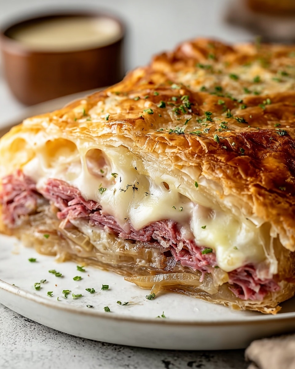 A close-up of a sandwich cut to show four layers from bottom to top: a flaky and golden brown puff pastry base, a layer of cooked light caramelized onions, a thick layer of pink shredded meat, and a creamy melted cheese topping with small green herb sprinkles. The sandwich is on a white plate with a white marbled texture surface in the background, and a small cup of sauce is blurred in the far background. Photo taken with an iphone --ar 4:5 --v 7