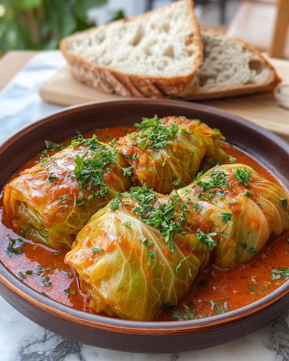 The image shows four cabbage rolls wrapped in light green, slightly translucent cabbage leaves, each topped with a thick, reddish-orange tomato sauce with visible herbs mixed in. The rolls are placed close together in a deep brown bowl filled with more of the same tomato sauce, sprinkled with fresh chopped green parsley on top. Behind the cabbage rolls, two slices of soft, airy bread with a light browned crust lean against the bowl. The scene is set on a white marbled surface with a blurred background, suggesting a cozy dining setting. Photo taken with an iphone --ar 4:5 --v 7