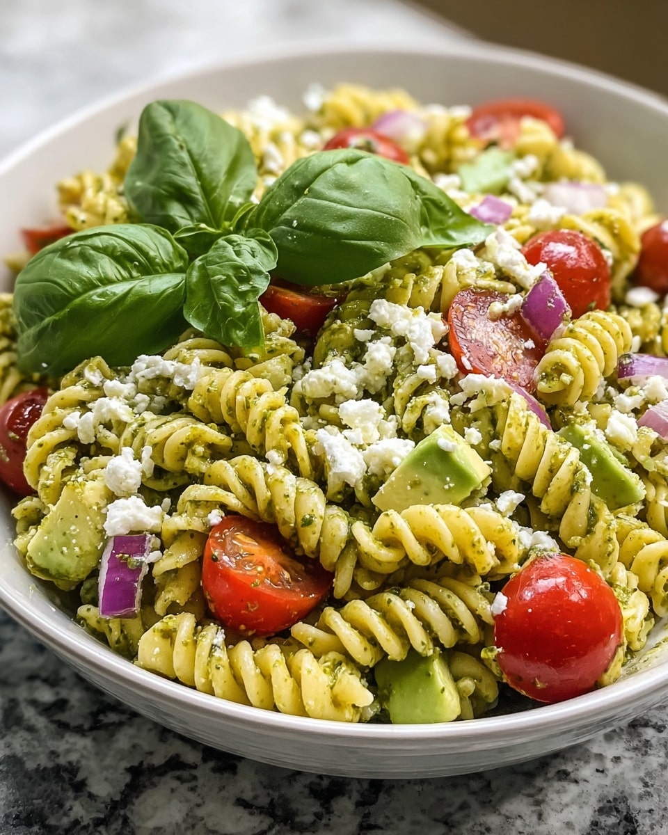 The image shows a white bowl filled with pasta salad made of yellow rotini pasta coated in green pesto sauce, mixed with light green avocado chunks, bright red cherry tomato halves, and small pieces of purple red onion. White crumbles of feta cheese are sprinkled over the salad, and three large fresh green basil leaves sit on top as garnish. The bowl is placed on a white marbled textured surface, and the focus is close up on the colorful layers of the salad with a slight blur in the background. Photo taken with an iphone --ar 4:5 --v 7