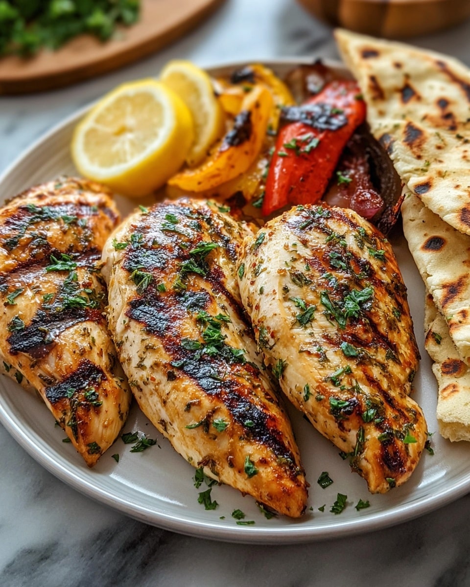 The image shows four grilled chicken breast pieces arranged side by side on a white plate, each piece golden brown with grill marks and sprinkled with fresh green herbs. Behind the chicken, there are some grilled red and yellow vegetables, slightly charred, adding a pop of color. To the back left, two lemon halves are placed with their pale yellow inside visible. On the right side of the plate, a folded piece of grilled flatbread with uneven brown grill spots rests. The plate sits on a white marbled surface. photo taken with an iphone --ar 4:5 --v 7