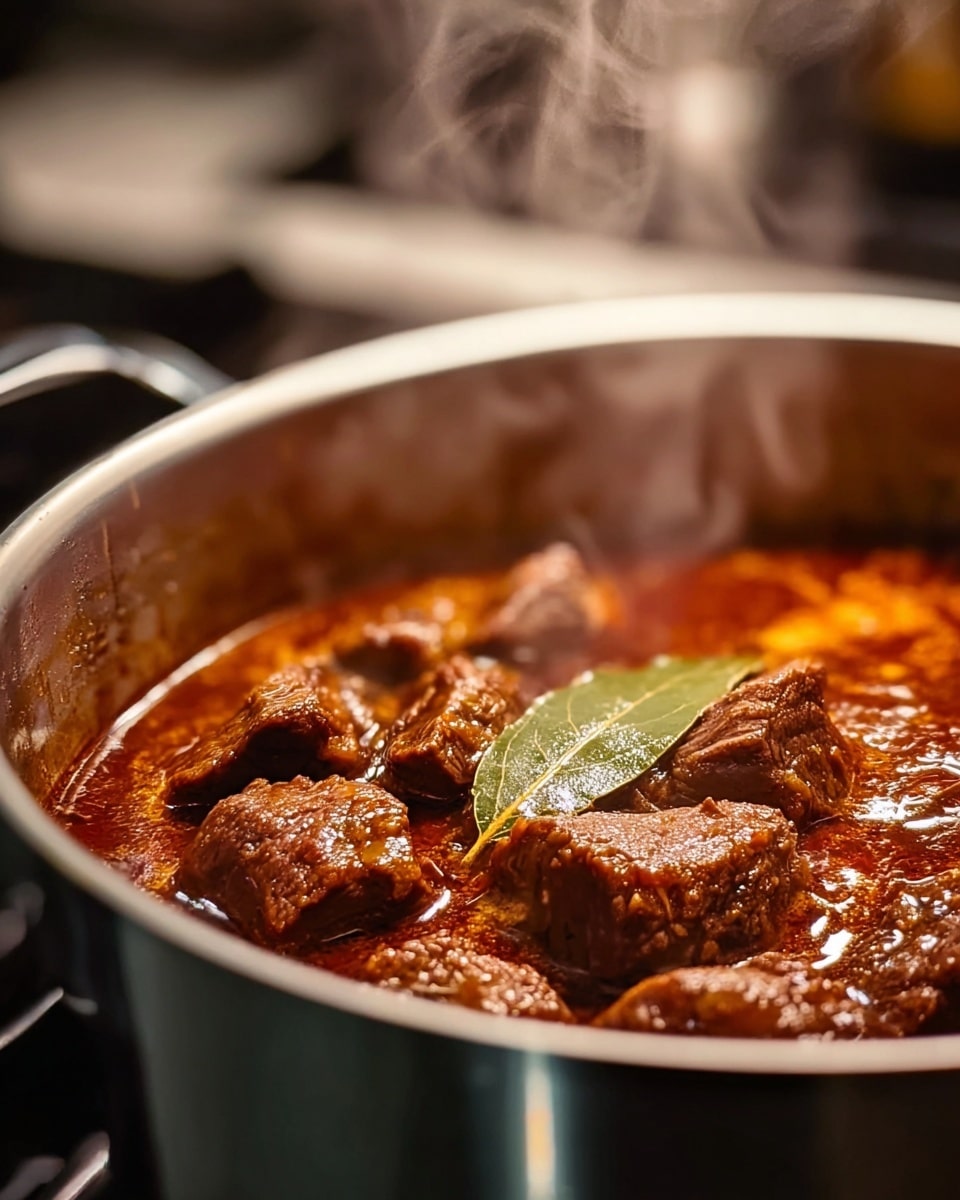 A close-up view of a shiny silver pot filled with a dark reddish-brown stew, showing several chunks of browned meat spread across the top layer, with a single light green bay leaf resting on the surface. Steam rises gently from the stew, suggesting it is hot and simmering. The background is softly blurred, highlighting the rich and thick texture of the sauce and tender meat inside the pot, which sits on a stove. photo taken with an iphone --ar 4:5 --v 7